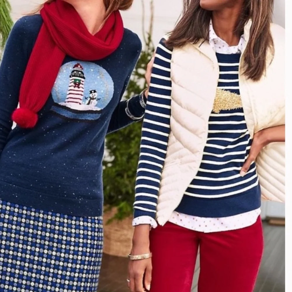 Talbots EUC Striped Metallic Whale Knit Pullover Sweater Navy White Gold M - Picture 11 of 12